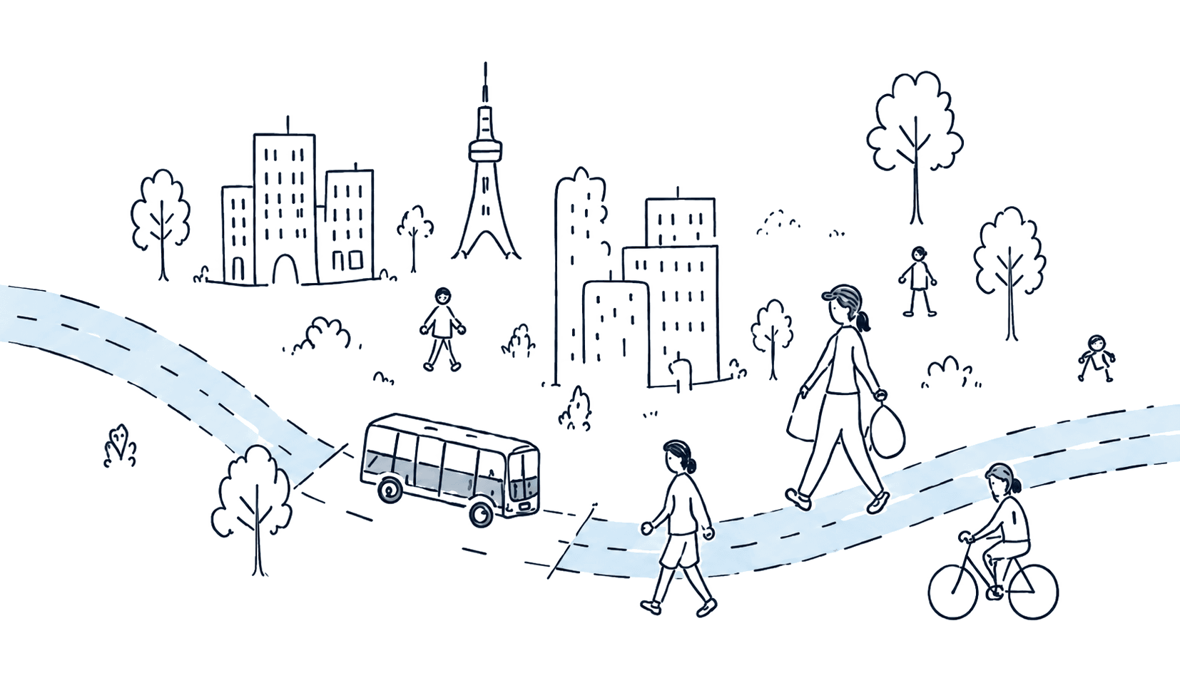 Hand-drawn city scene with people, a bus, and a cyclist along a winding river